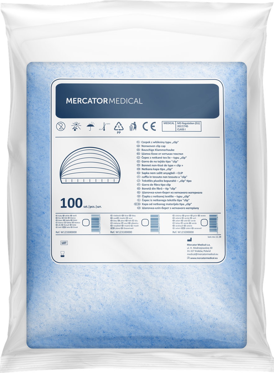 Čiapka z netkanej textílie typu CLIP biela, 53cm, 100ks, Mercator W123300000